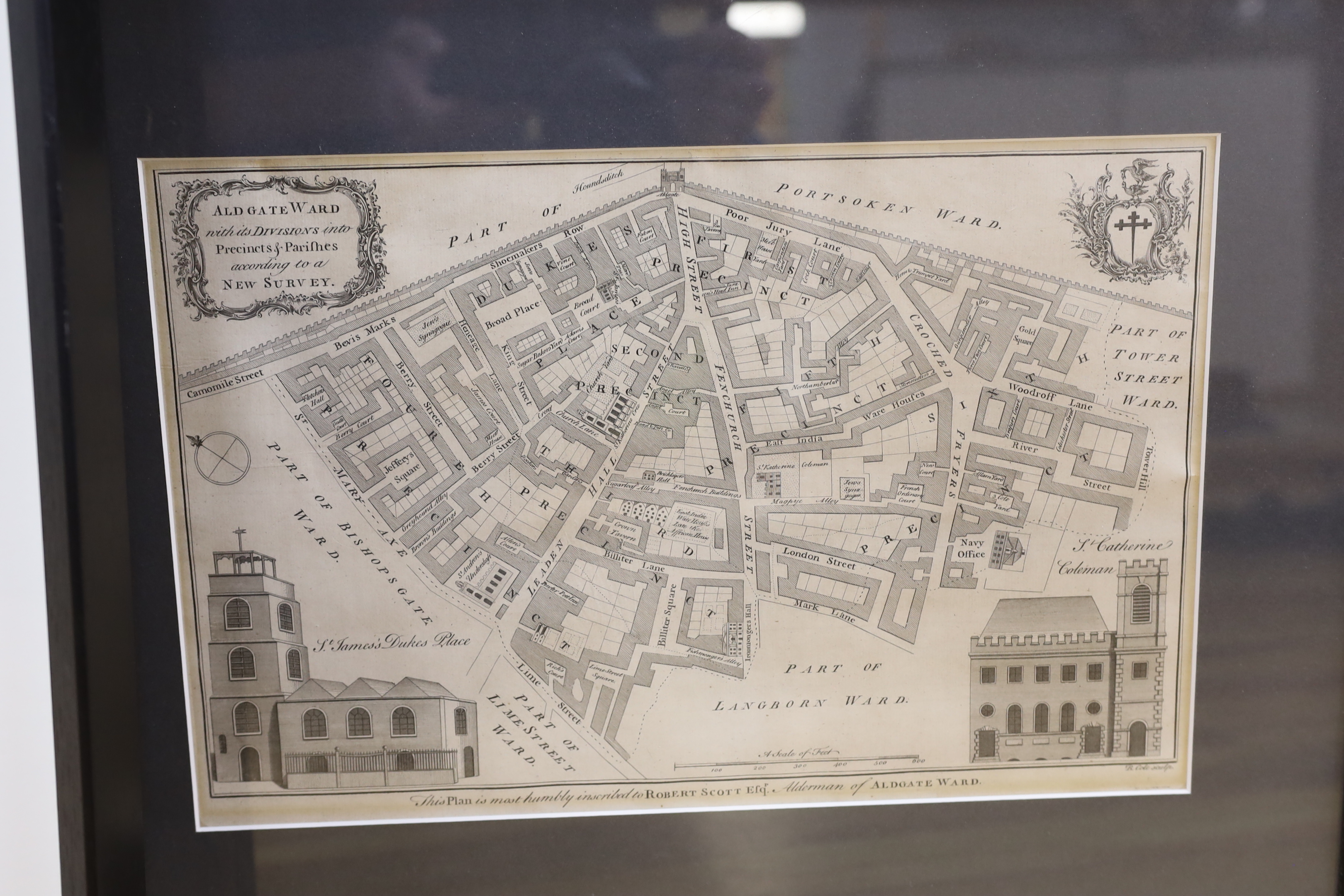 Five 18th/19th century prints including after William Hogarth, engraving, ‘The Idle Prentice, Publ. 30th Sept 1747, After Peter Lely, engraving, ‘William Temple’, together with a plan of Aldgate Ward, largest 33 x 35cm (